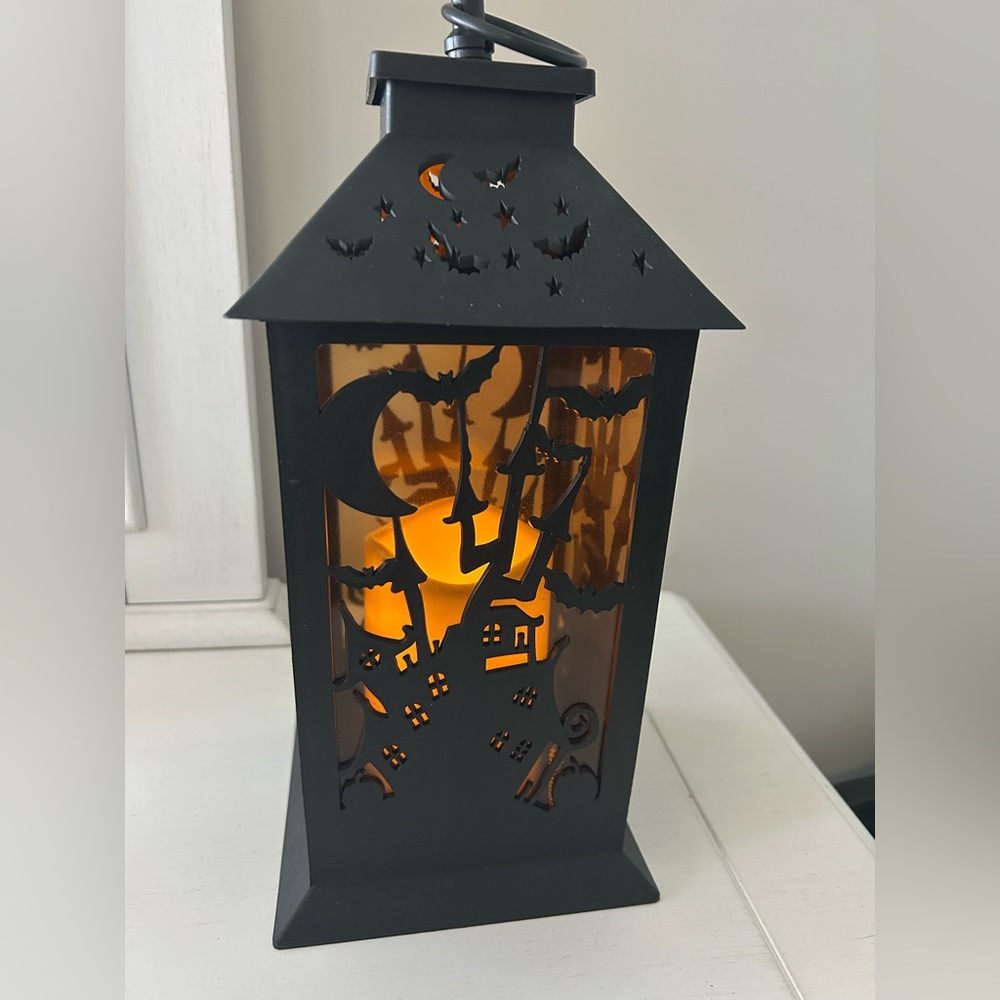 Halloween Black Decorative Lantern with orange color lighted candle